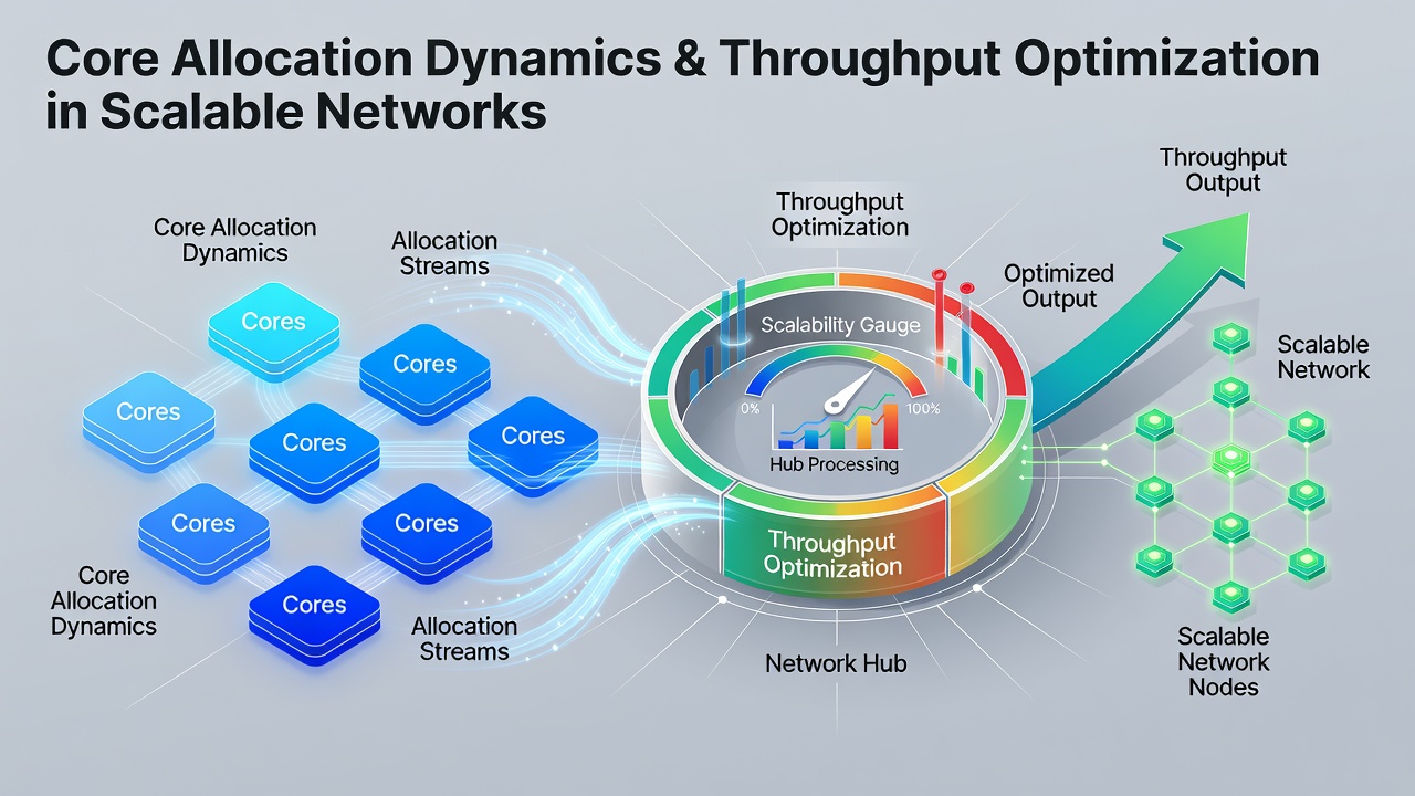 Visualization of throughput curves comparing static versus dynamic core allocation in scaled network simulations
